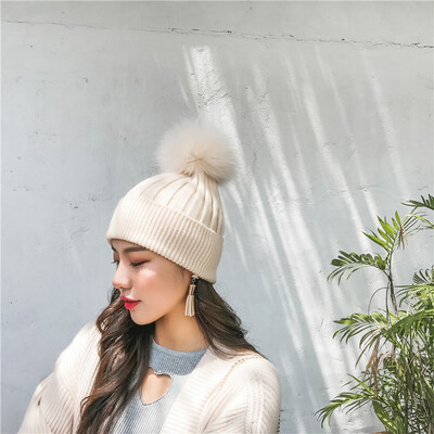 

Super Fox fur ball real fur wool blend thickened warm womens winter wool hats Korean knit hat tide