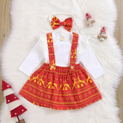 

CA My First Christmas Infant Baby Girl Clothes Long Sleeve TopsBib Skirt Outfit