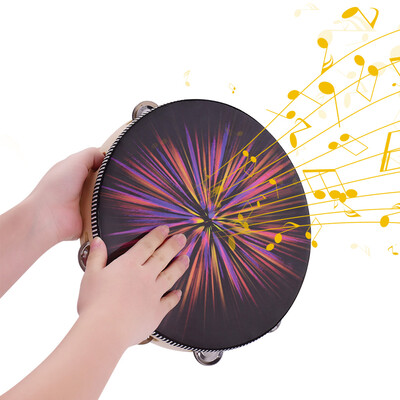 

10 Inch Wooden Rdiant Tambourine Handbell Hand Drum with Single Row Jingles Reflective Drum Head Percussion Instrument Musical Toy