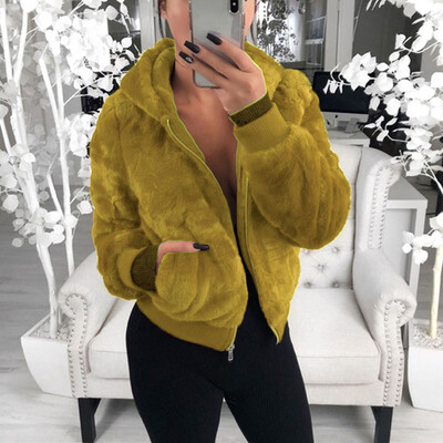 

Women Winter Warm Short Coat Thick Zipper Hooded Solid Color Casual Outwear