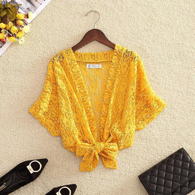 

Womens Solid Lace Hollow Out Blouse Kimono Cardigan Lace Up Short Sleeve Summer Shirt Cover Up Beach Blouse Plus Size