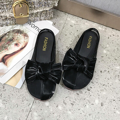 

Chic Big Head Half Slippers Cute Mesh Hollow Baotou Ribbon Bow Flat Super Soft Bottom Comfortable Mueller Shoes