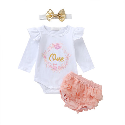 

Spring Autumn Baby Girl Long Sleeve Letter Printing Rompers Shorts Bowknot Headband Kit Kids Three-piece Outfit Set