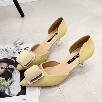 

Korean square buckle Baotou shoes womens summer chic with fine pointed Joker heels