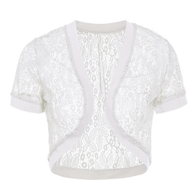 

Fashion Women Short Sleeve Lace Perspective Cardigan Jacket Women Casual Solid Color Cardigan Female Short Coat Femme Outwear