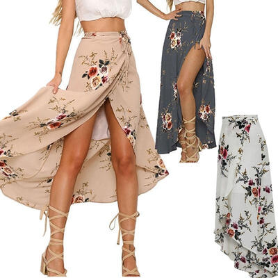

Fashion Women Stretch High Waist Floral Long Skirt Maxi Pleated Beach Casual Boho Dress