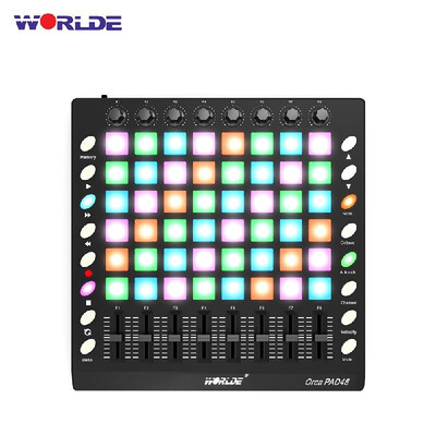

WORLDE PAD48 Portable USB MIDI Drum Pad Controller 48 RGB Backlit Pads 8 Knobs 16 Buttons 8 Sliders with USB Cable