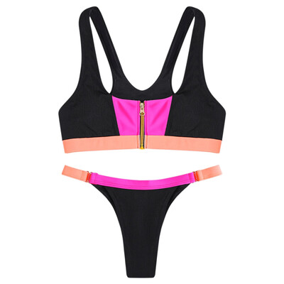 

Zipper Front Crop Top Colors Patchwork Low Waist Women Bikini Set Swimsuit