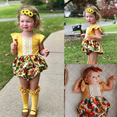 

Infant Baby Girl Flutter Sleeves Lace Floral Sunflower Romper Bodysuit Outfits