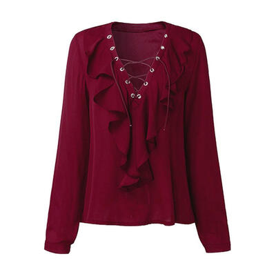 

Women Summer Chiffon Blouse Lace Up V Neck Ruffle Long Sleeve Sexy Tops