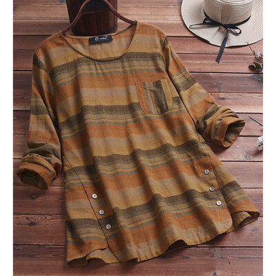 

Starmoon Women Casual Plus Size Stripe Loose Linen Button Tunic Shirt Blouse Tops