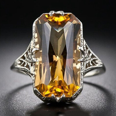 

Emerald Cut Lemon Yellow Retro Hollow Diamond Jewelry Birthday Proposal Gift Antique Engagement Party Band Rings