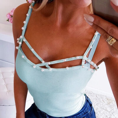 

Women Camisole Top Ribbed Stretchy Beaings Cross Over Strap Backless Bodycon Tank Top Night Out Wear
