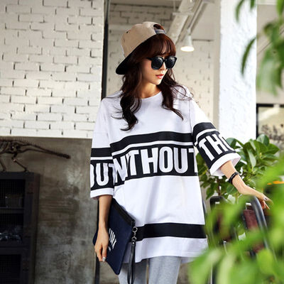 

Plus Size Summer Long Style T shirt Short Sleeve Letter Print Causal Loose Tops Ladies Girls T-shirt