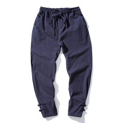 

Gobestart Fashion Men Solid Color Striped Cotton Linen Long Pants Casual Trousers