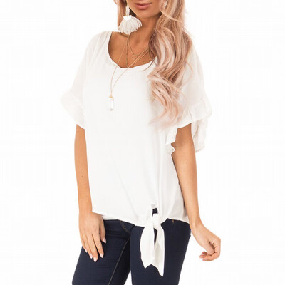 

Solid color loose blouse round neck ruffled short sleeve knotted shirt