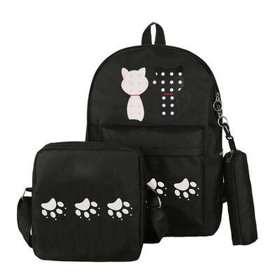

3pcs Women Composite Cats Canvas Girls Backpack Crossbody Bag Pencil Case