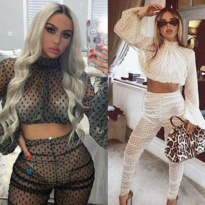 

2PCS Sexy Women Sheer Long Sleeves Bodycon Club Mesh Casual Jumpsuit Playsuit UK