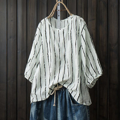 

Womens Casual Plus Size Striped Tops 34 Sleeve Shirts Round Neck T-shirt Blouse