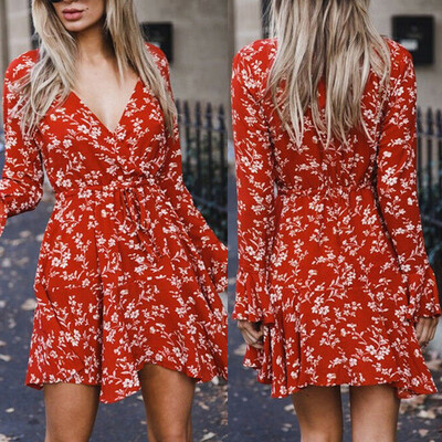 

Women Floral Print Short Sleeve Loose Mini Dress Ladies Summer Long V-Neck Shirt Dress Holiday Party Beach Tops