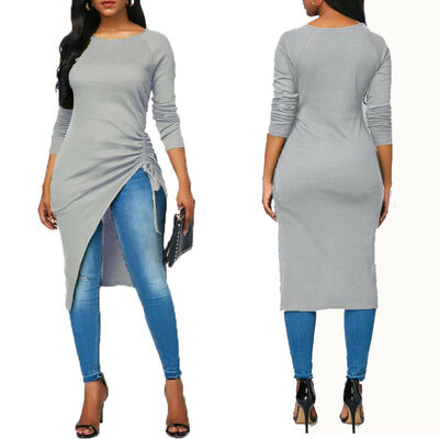 

Women Long Sleeve Casual High Split Tunic Tops Long Maxi Shirt Blouse Tops