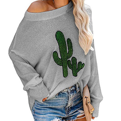 

Womens Cactus Print Pullover Sweater Casual Loose Crewneck Thin Sweatshirt