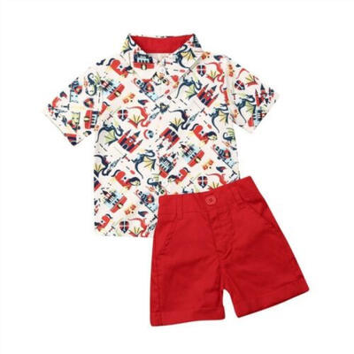 

USToddler Kid Baby Boy Castle Print Clothes Outfit Button Shirt Short Pants 2PCS