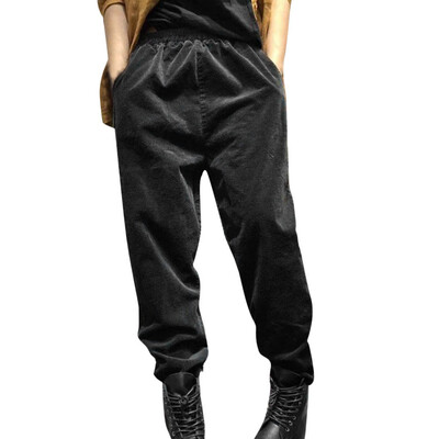 

Tailored Women Solid Cotton Elastic Waist Harem Pockets Pants Wide Leg Casual Trousers