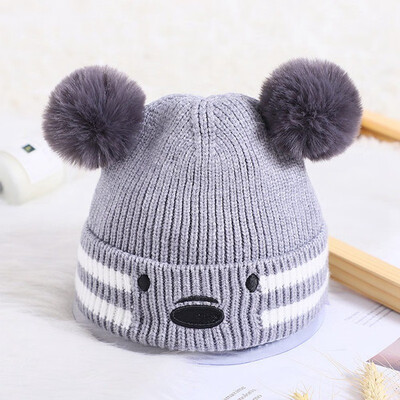 

Cute Bear Double Balls soft Baby Knitted Wool hat Thick head protector keep warm for boys&girls outdoor Autumn Winter hat