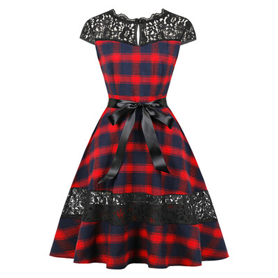 

Round Collar Cap Sleeve Spliced Lace Plaid Belted A-line Women Dress