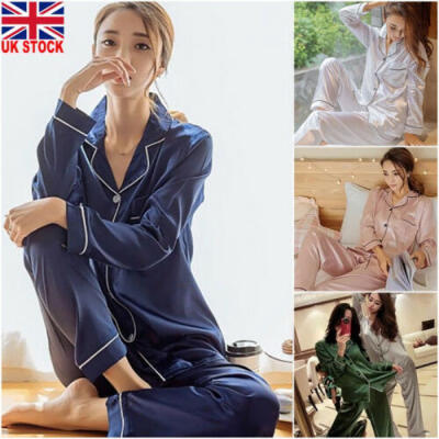 

Women Silk Satin Pajama Pjs Set Long Sleeve Button Sleepwear Homewear Nightwear