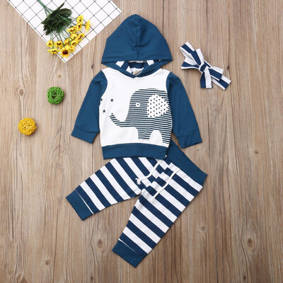 Newborn Baby Boy Girl Striped Elephant Clothes Hood Tops Pants Autumn Outfit