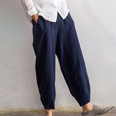

Womens Large Pocket Loose Harem Pants Solid Color Wide Leg Casual Trousers