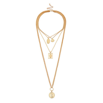 

Vintage Carved Coin Pendant Necklace Statement Face Goddess Virgin Mary Rose Angel Long Chain Necklace Women