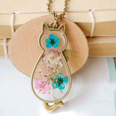 

2020 Stylish Women Lady Cute Cat Kitty Natural Dried Flowers Pendant Necklace Unique