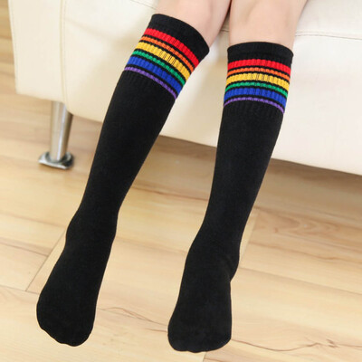 

1\2\3 Pair Rainbow Striped Knee High Long Socks Cotton Sport Football Baseball Women Men Socks 35 Cm\45 Cm