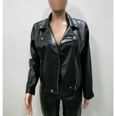 

Womens Long Sleeve Stand Collar Leather Jacket Loose Warm Zip Leather Jacket