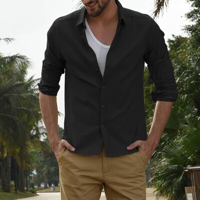 

Toponeto Mens Baggy Linen Blend Solid Color Long Sleeve Turn-down Collar Shirts