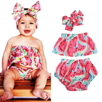 

Toddler Baby Girls Outfit Romper Tops Shorts Headband Watermelon Clothes 0-24M