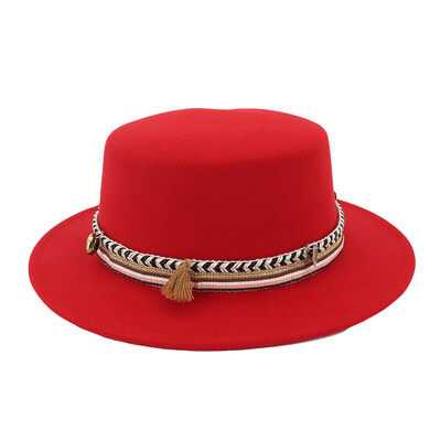 

Tailored Women Wide Brim Wool Belt Felt Flat Top Fedora Hat Party Church Trilby Hats Cap