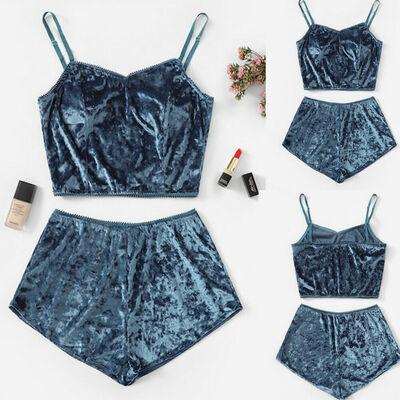 

Womens Underwear Sexy Lingerie Pajamas Velvet Crop Tops Bralette&Panty Sets