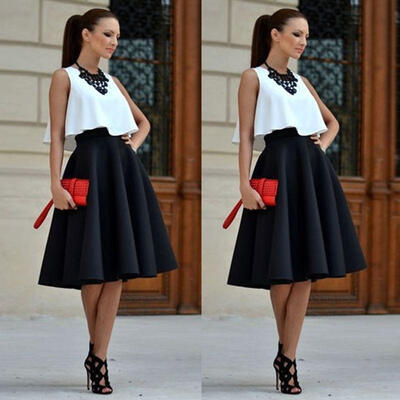 

Women Vintage Stretch High Waist Plain Skater Flared Pleated Long Skirt Dress