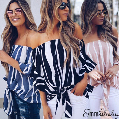

Womens Bardot Dress Off Shoulder Tops Summer Casual T Shirt Blouse Fashion Tops