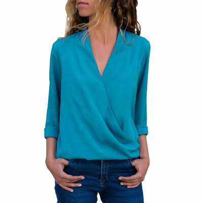 

Womens solid color V-neck long-sleeved casual simple blouse top