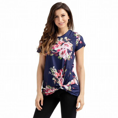 

White V-neck short-sleeved printed hem pleated design straight top T-shirt