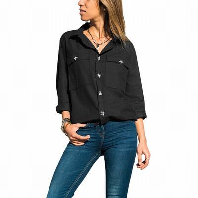 

Womens buckle shirt suit collar long sleeve loose shirt