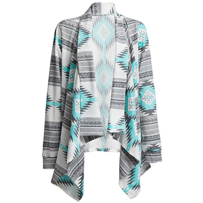 

Stylish Collarless Long Sleeve Tribal Print Asymmetrical Women Cardigan