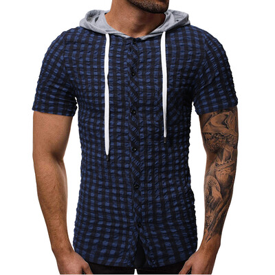

Toponeto Mens Summer Hooded Pocket Button Short Sleeve Plaid T-shirt Top Vest Blouse