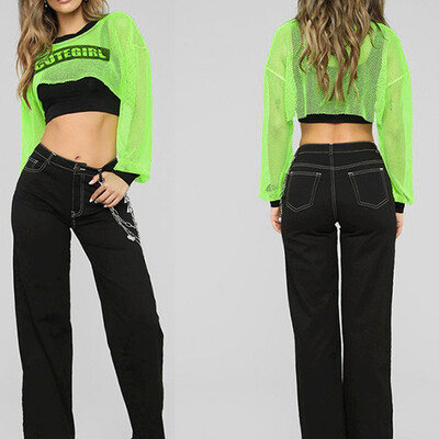 

Women Mesh Fishnet Hollow Out Crop Top Long Sleeve Hoodie Pullover Blouse