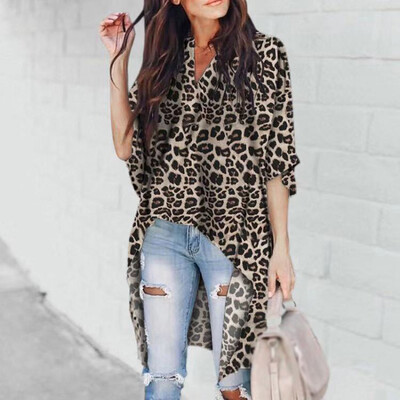 

Fashion Womens Irregular Leopard Blouse Long Sleeve Sexy Long Tailed Tops Dress